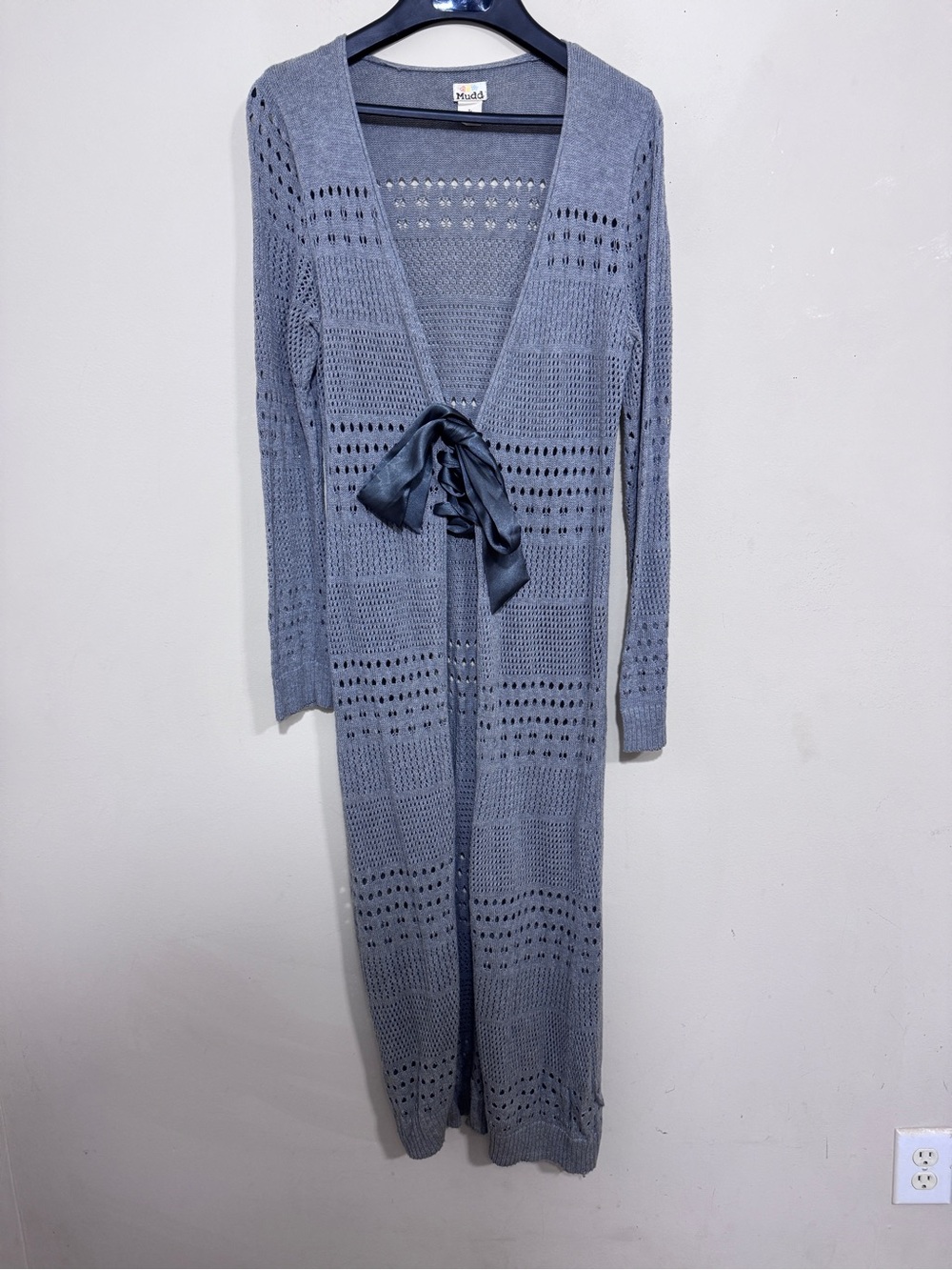 Y2K Mudd Open Knit Maxi Duster Cardigan Satin Tie Gray size L Boho Grunge Fall